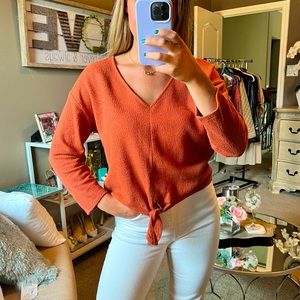 Madewell Burnt Orange Texture and Thread Long-Sleeve Tie-Front Top